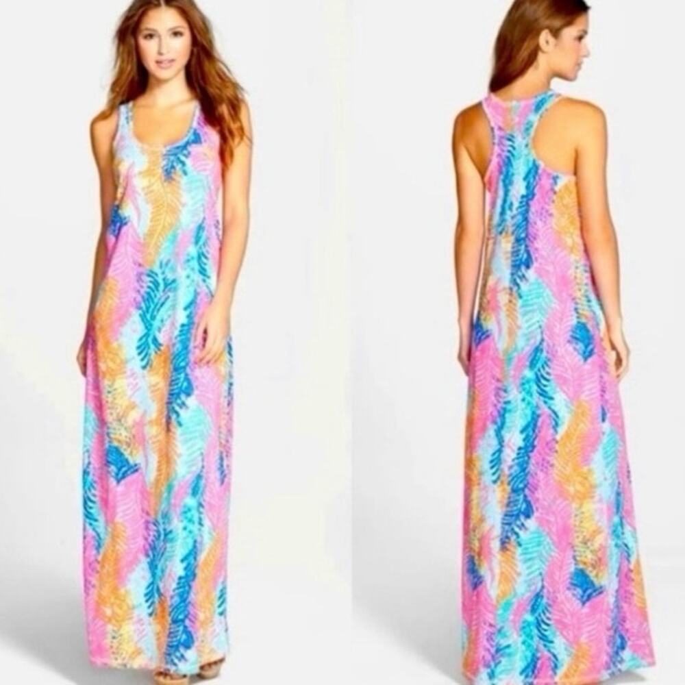 Lilly Pulitzer Pima Cotton Tropical Leaf Racerback Maxi Dress Pink Small Resort
